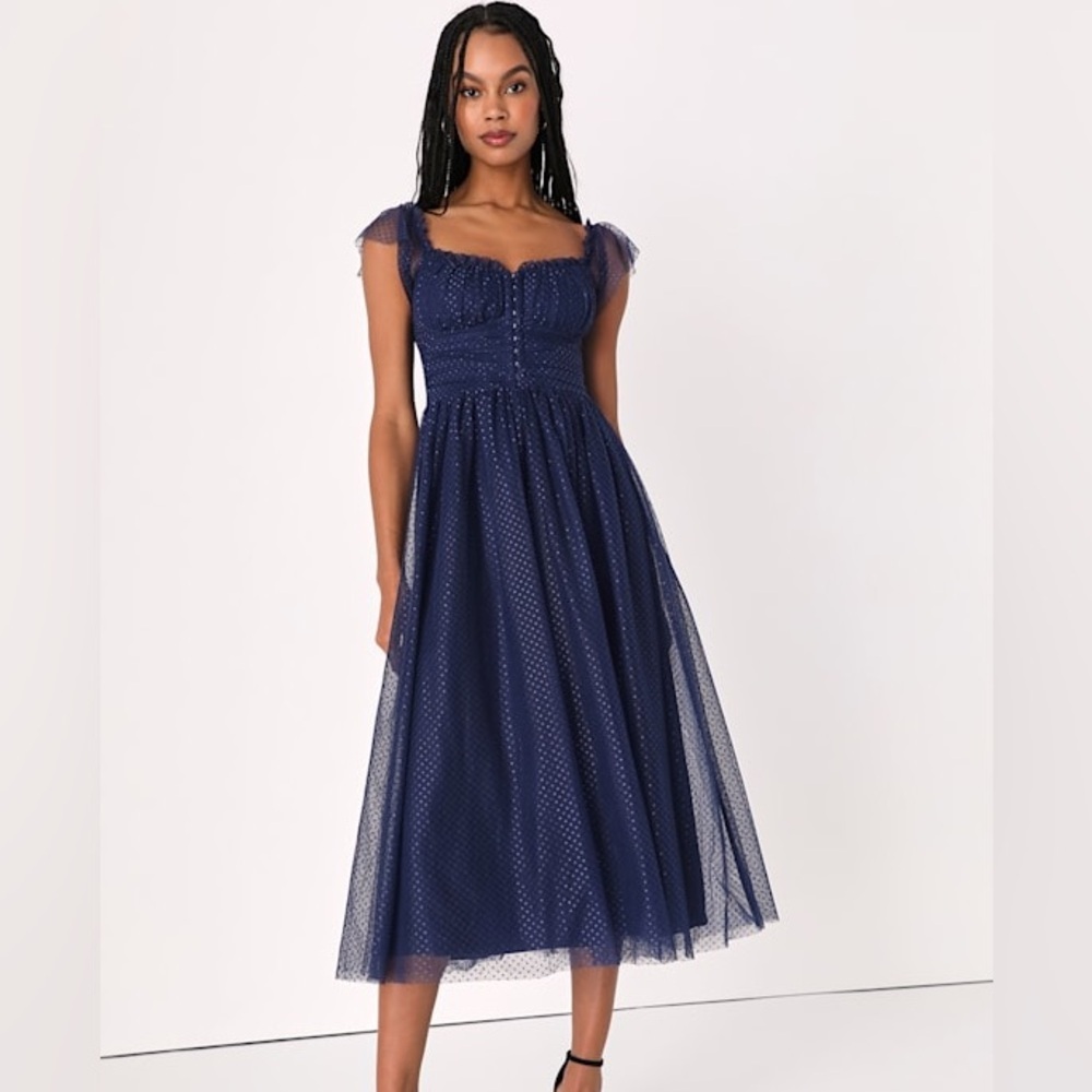 NWT Lulus Regal Radiance Navy Blue Tulle Bustier Midi Dress Latge